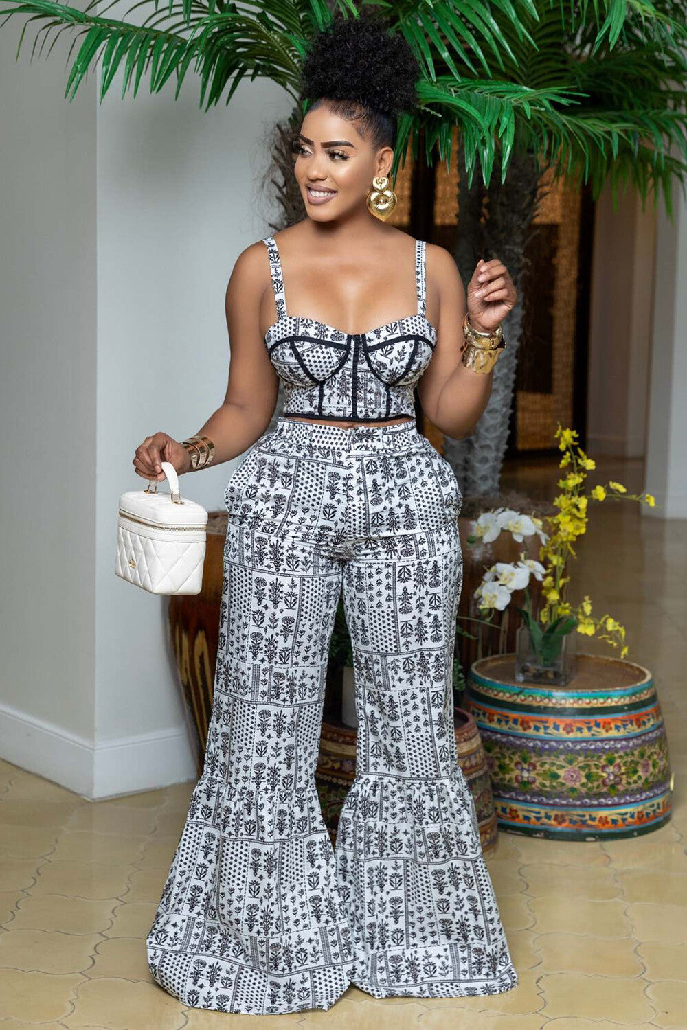 Crop Cami Ditsy Floral Mixed Print High Waist Flared Pants 2pcs Set-White