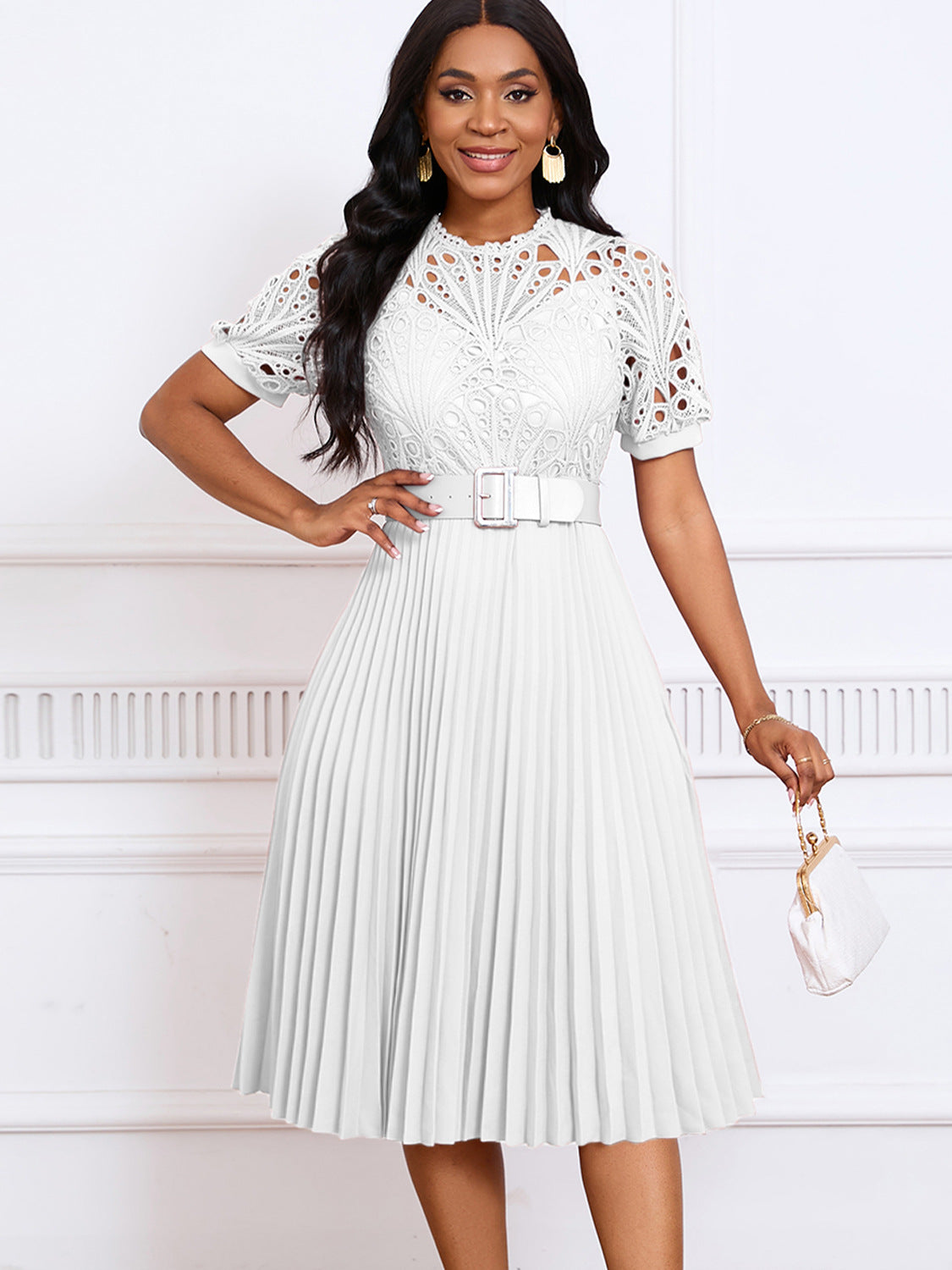 Women's Short-Sleeved Lace Stitching Pleated Dress Cross-Border Dress