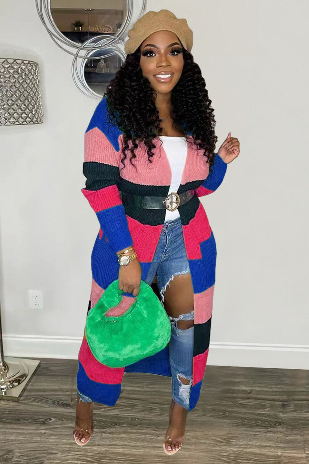 Colorblock Knit Long Sleeve Sweater Long Cardigan-Green