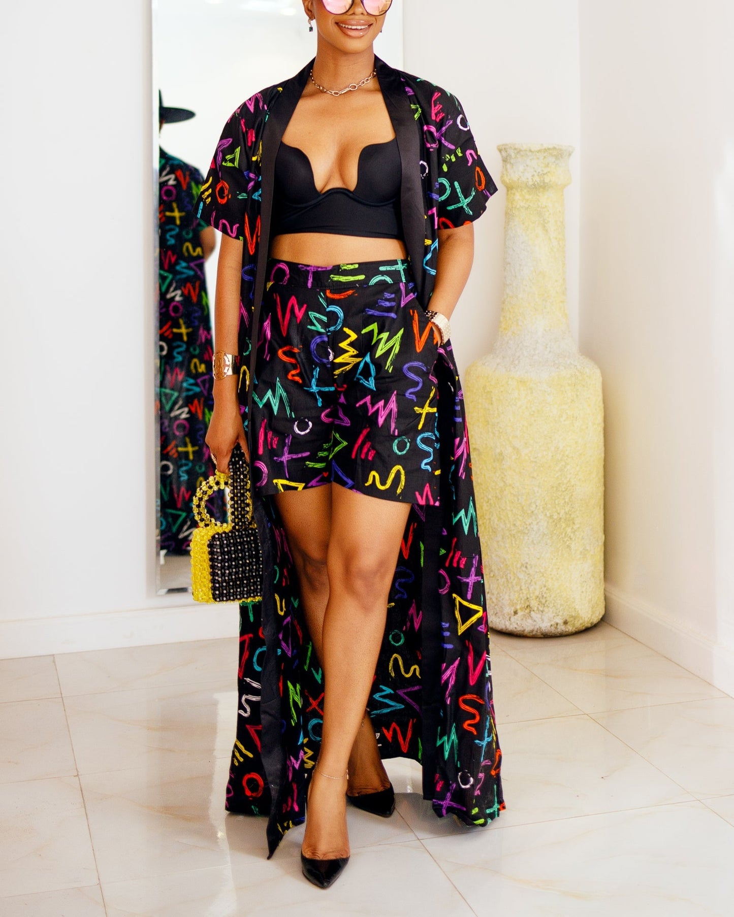 Women's Casual Print Kimono & Shorts Two-Piece Set