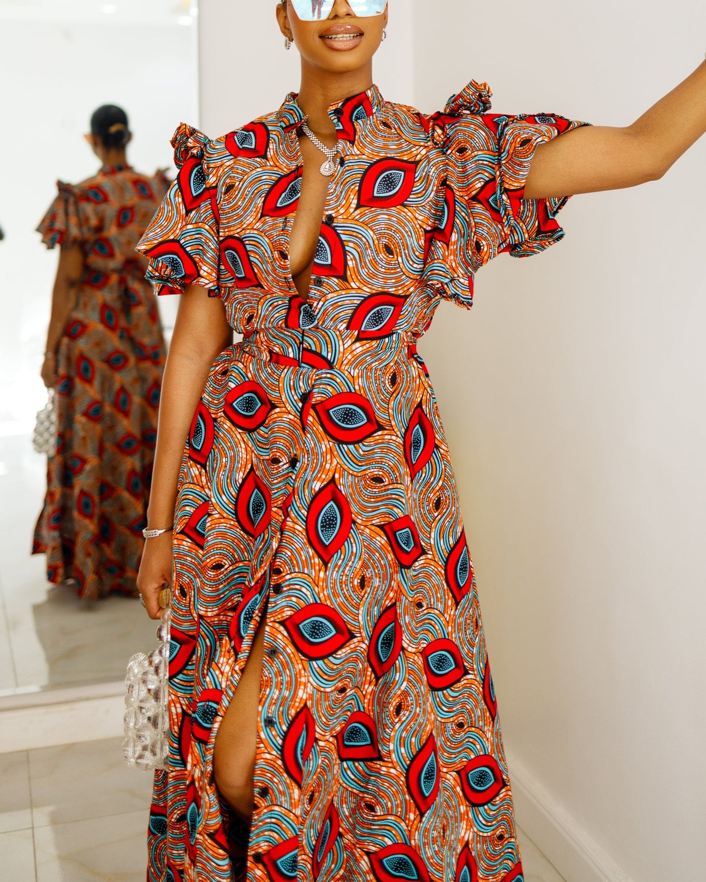 Women's Casual Print Double Flare Sleeves Maxi Dress