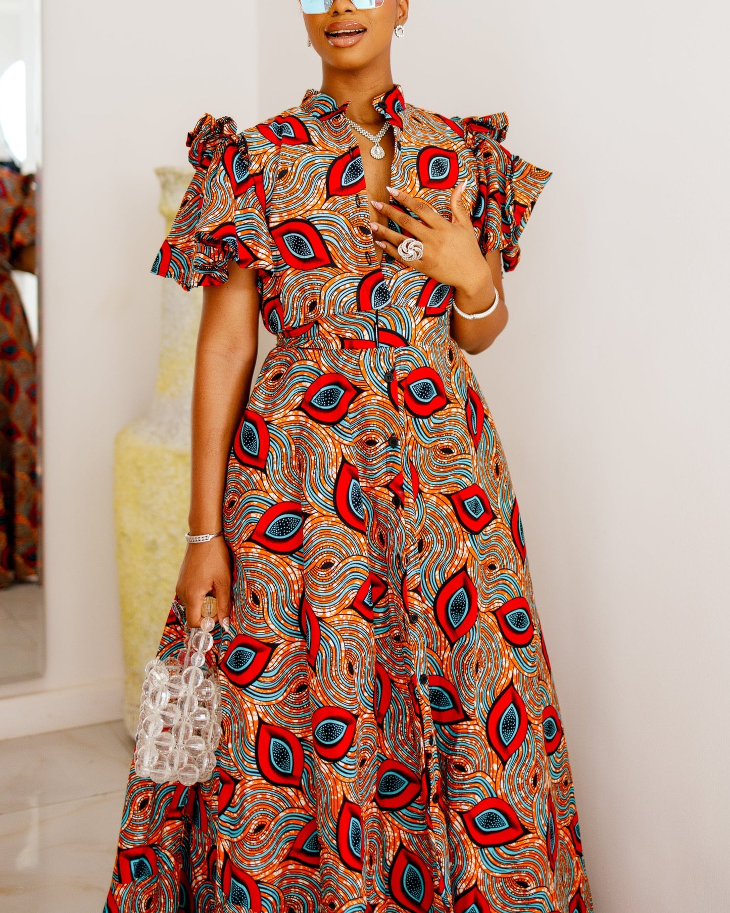 Women's Casual Print Double Flare Sleeves Maxi Dress