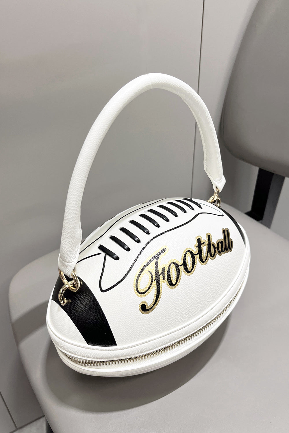 Letter Colorblock Print Zipper American Football Shaped Handbag
