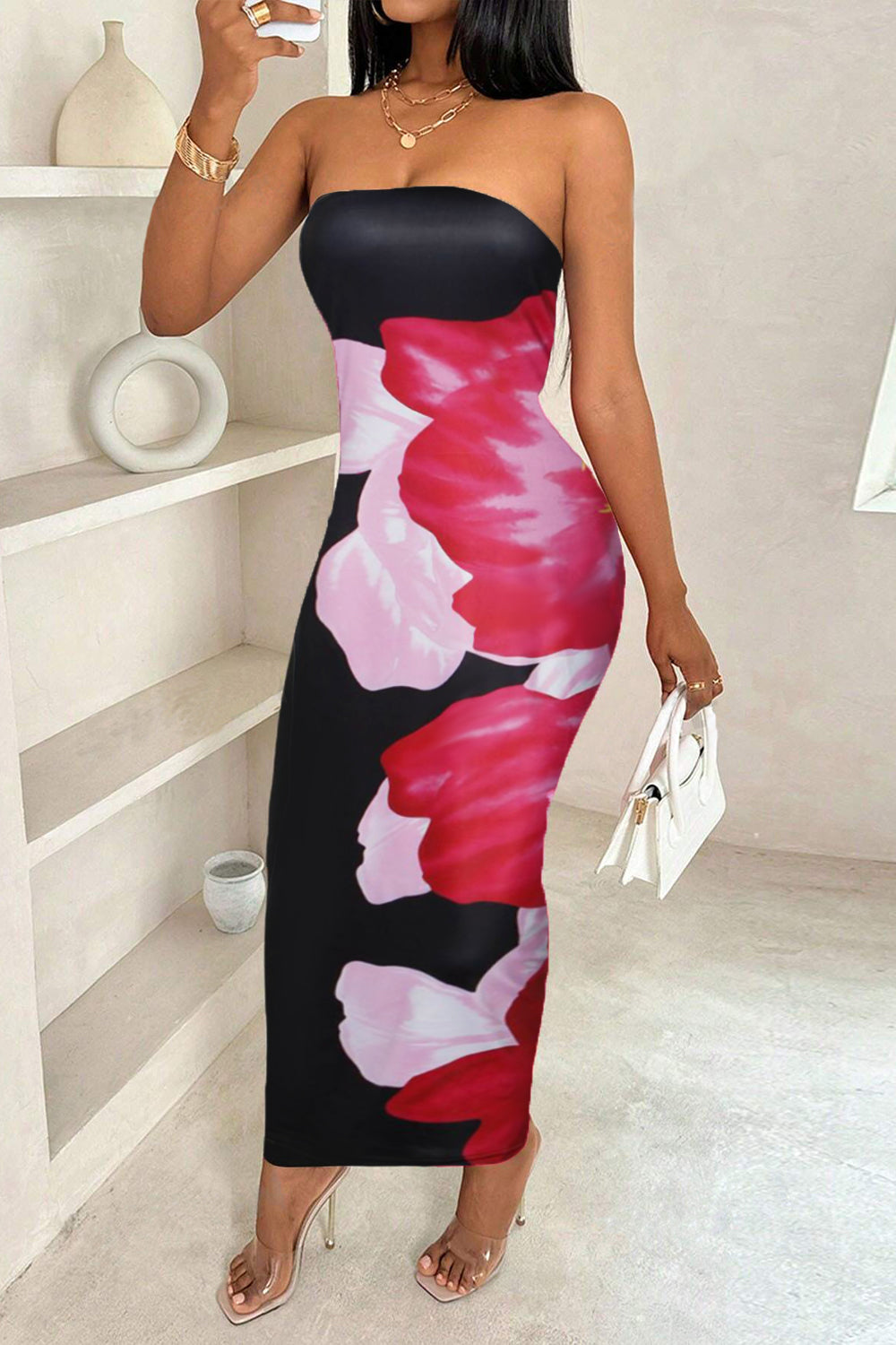 Floral Print Bodycon Maxi Tube Dresses-White