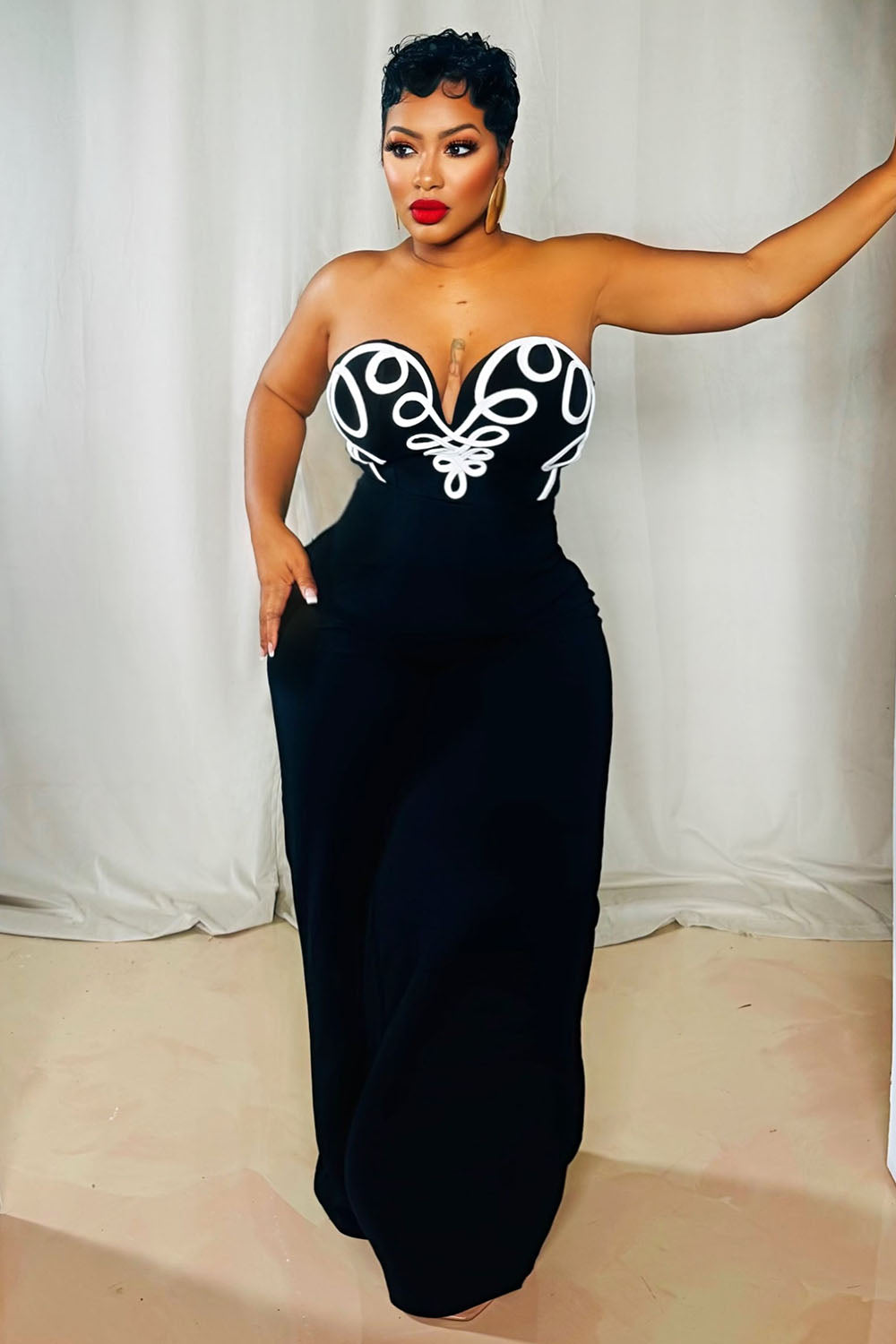 Line Printed Strapless Pinch Waist Party Wide Leg Jumpsuit-Red