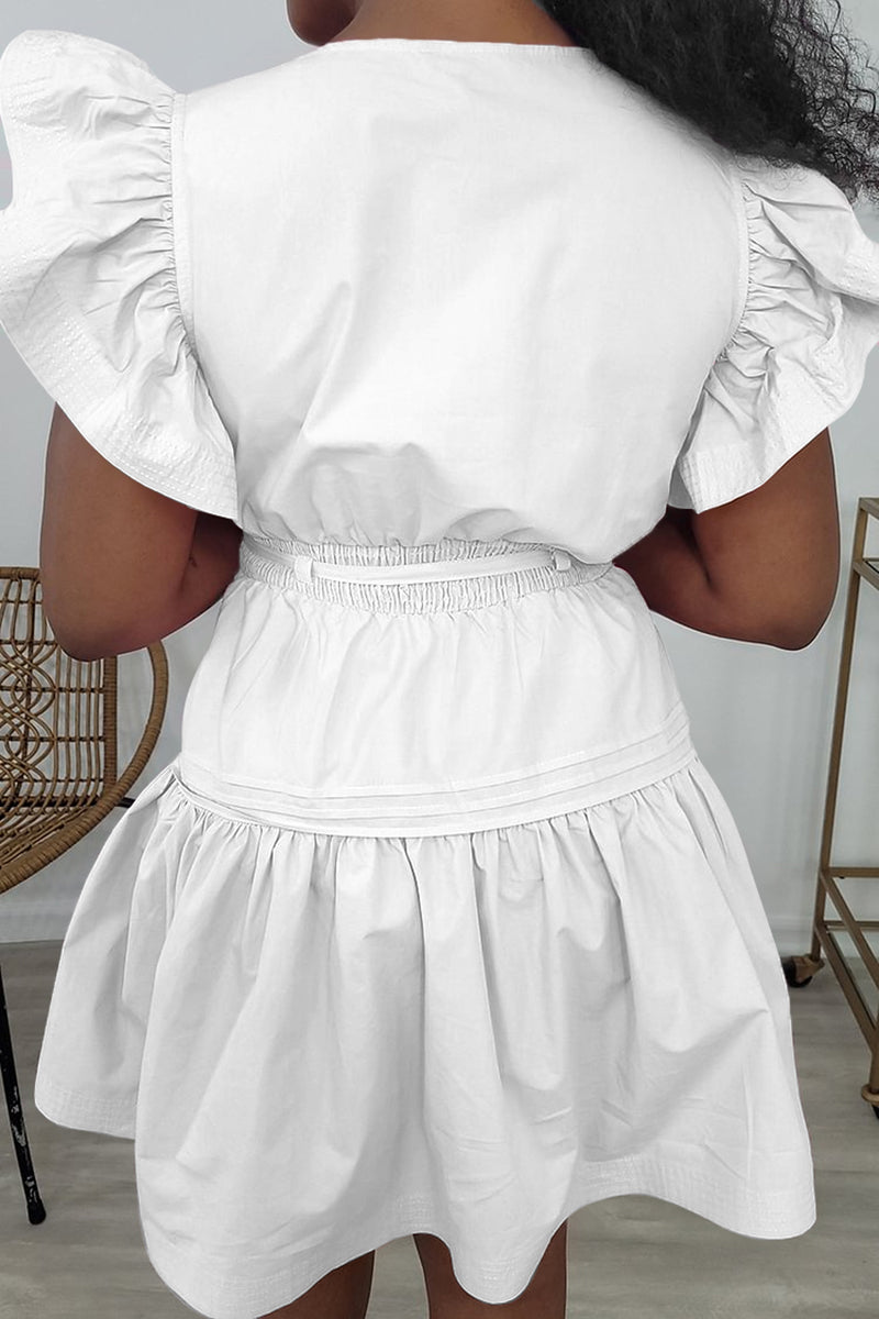 Ruffle Sleeveless Notched Neck Quilted A-Line Mini Dresses-Pink