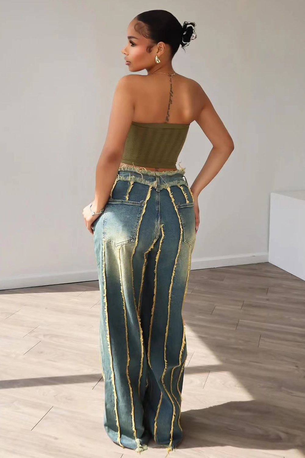 Raw Edge Distressed Denim High Waist Wide Leg Jeans-Blue
