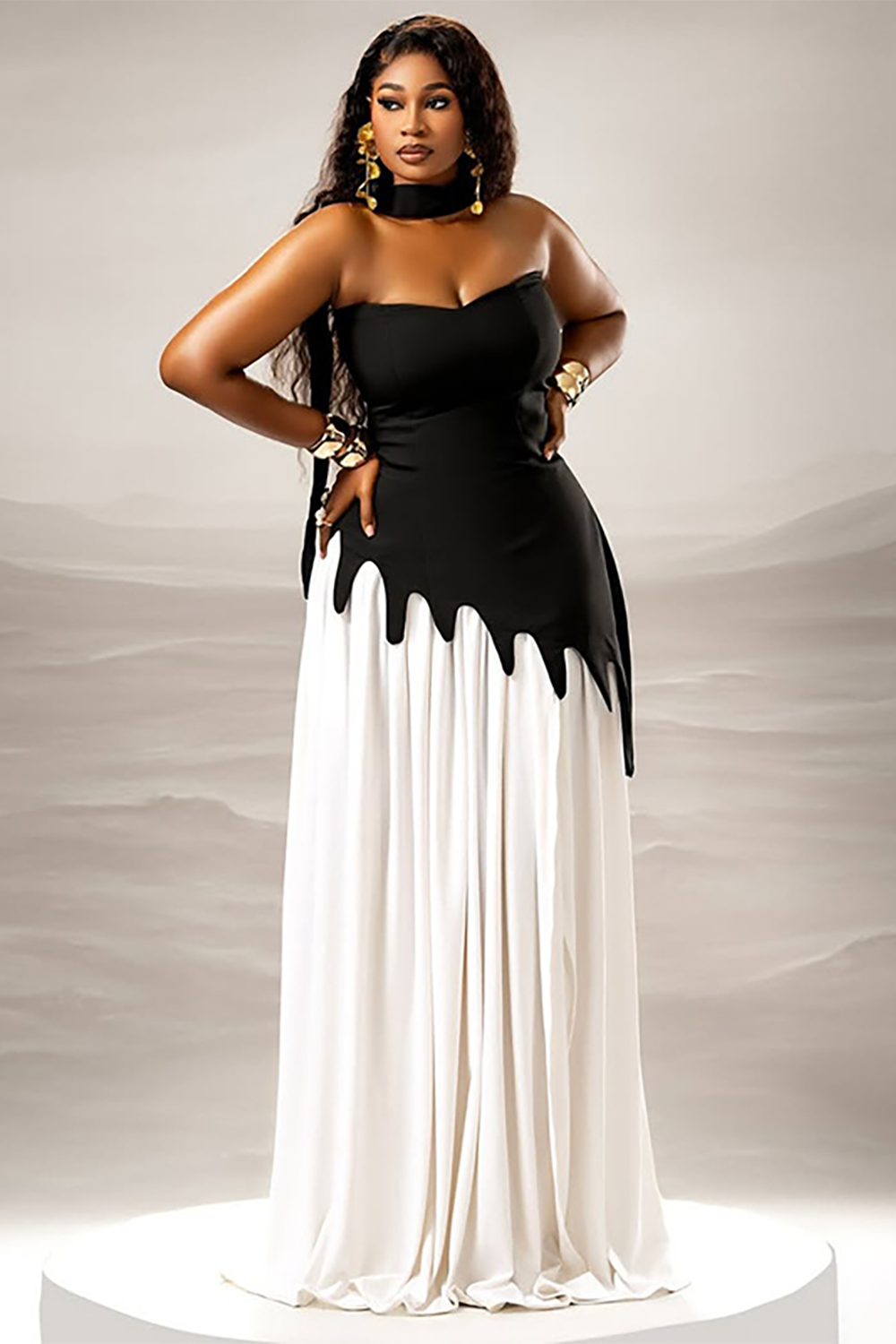 Strapless Cinch Waist Colorblock Patchwork Asymmetrical Maxi Dresses-Black