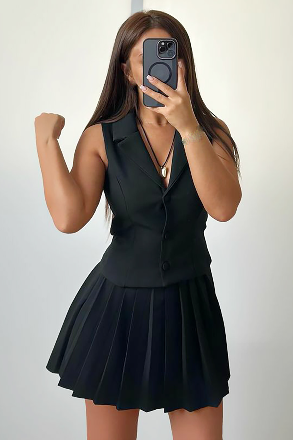 V Neck Button Up Vest Solid Color Pleated Mini Skirt 2pcs Set-White