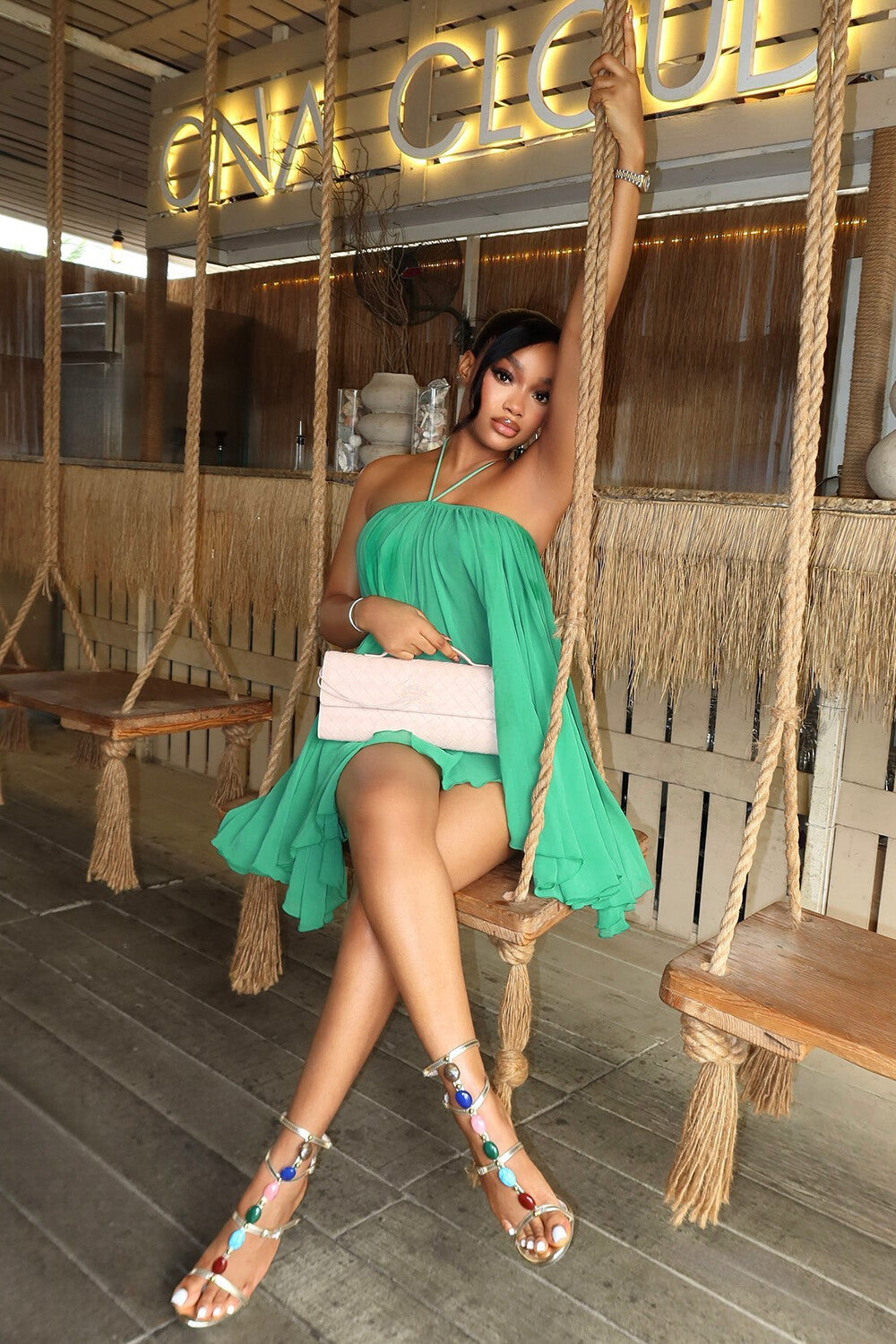 Halter Neck Pleated Solid Color Irregular Mini Dresses-Green