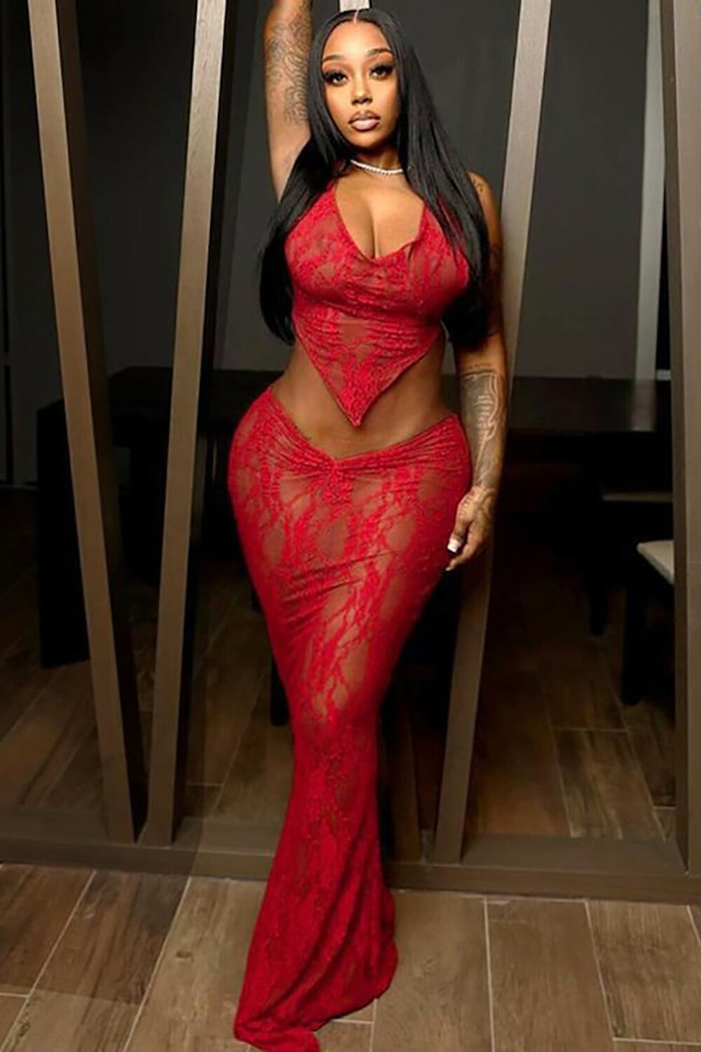Lace Halter Neck Backless Irregular Crop Top Bodycon Maxi Skirt 2pcs Set-Red