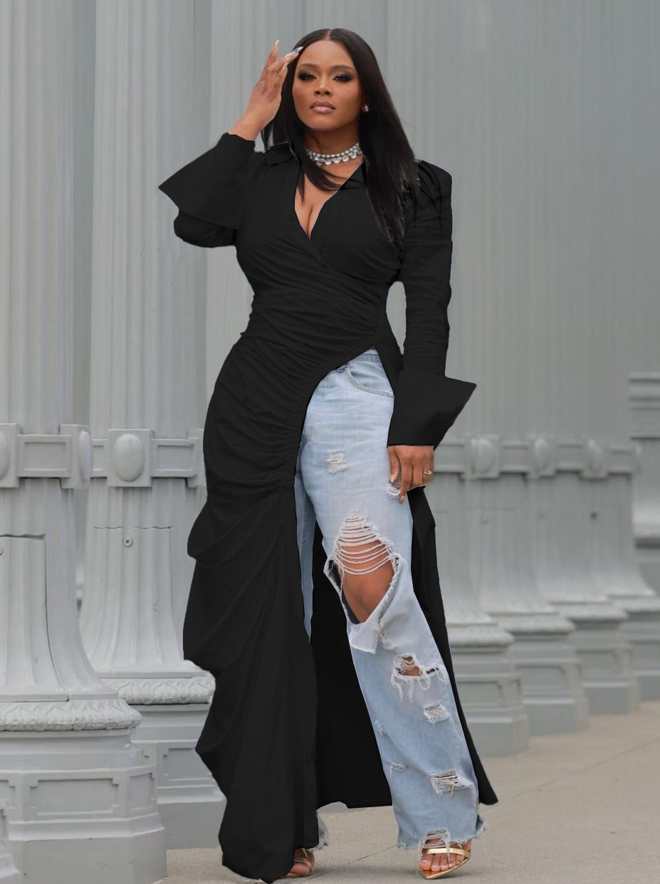 Deep V Neck High Slit Ruched Gown Maxi Dresses