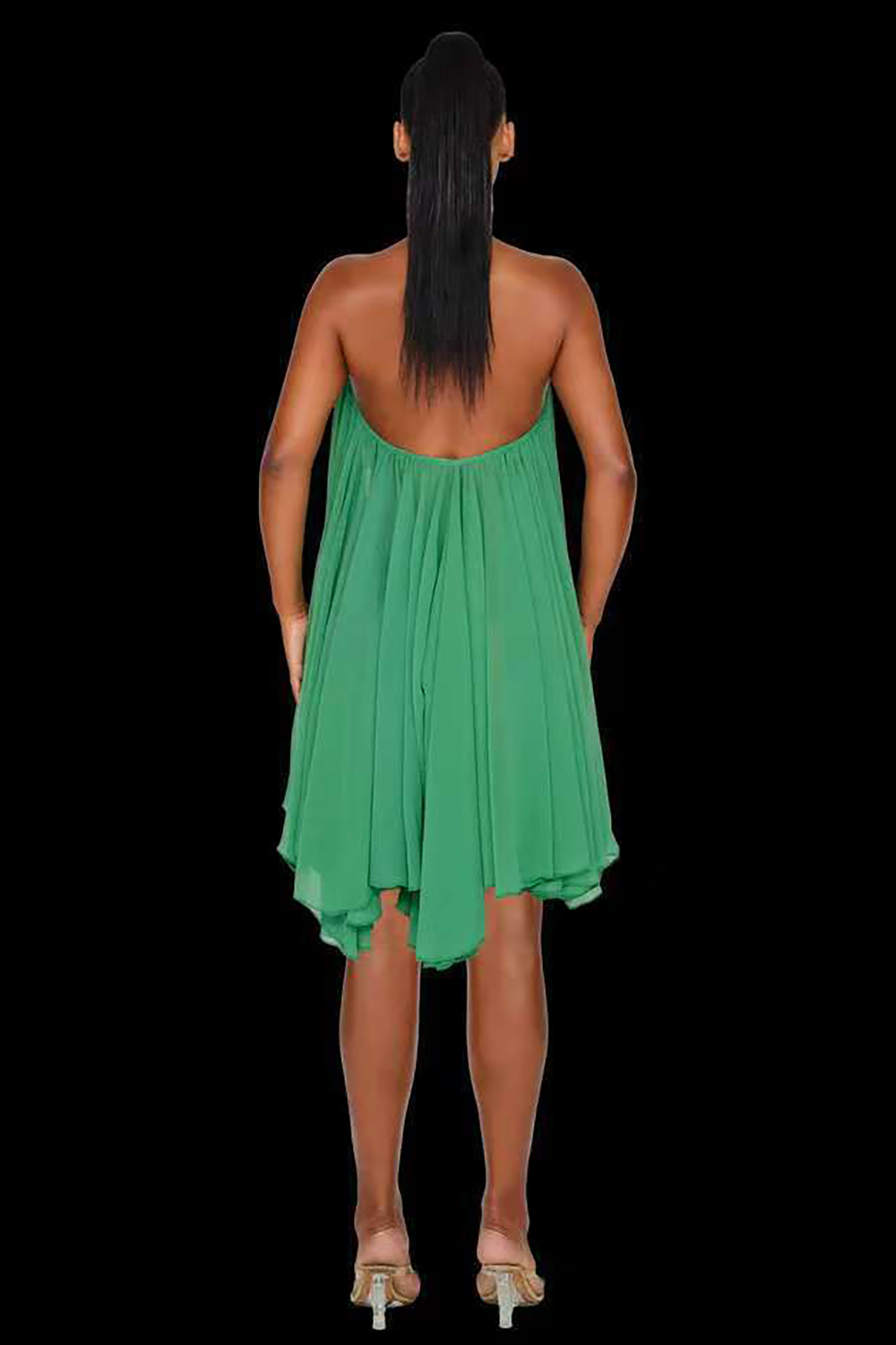 Halter Neck Pleated Solid Color Irregular Mini Dresses-Green
