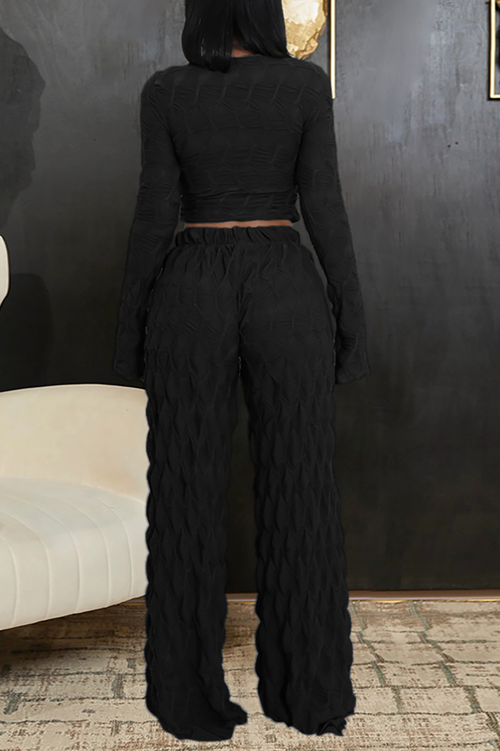 U Neck Long Sleeve Crop Top Textured Wide Leg Pants Matching Set-Brown