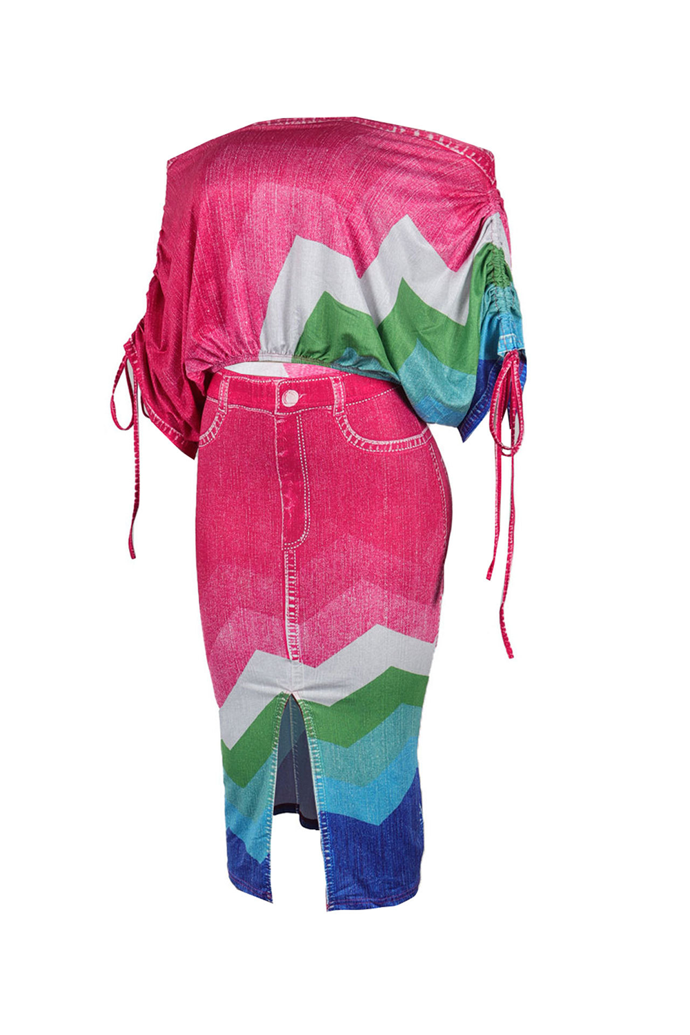 Batwing Sleeve Crop Top Colorblock Bodycon Slit Midi Skirt 2pcs Set-Fuchsia
