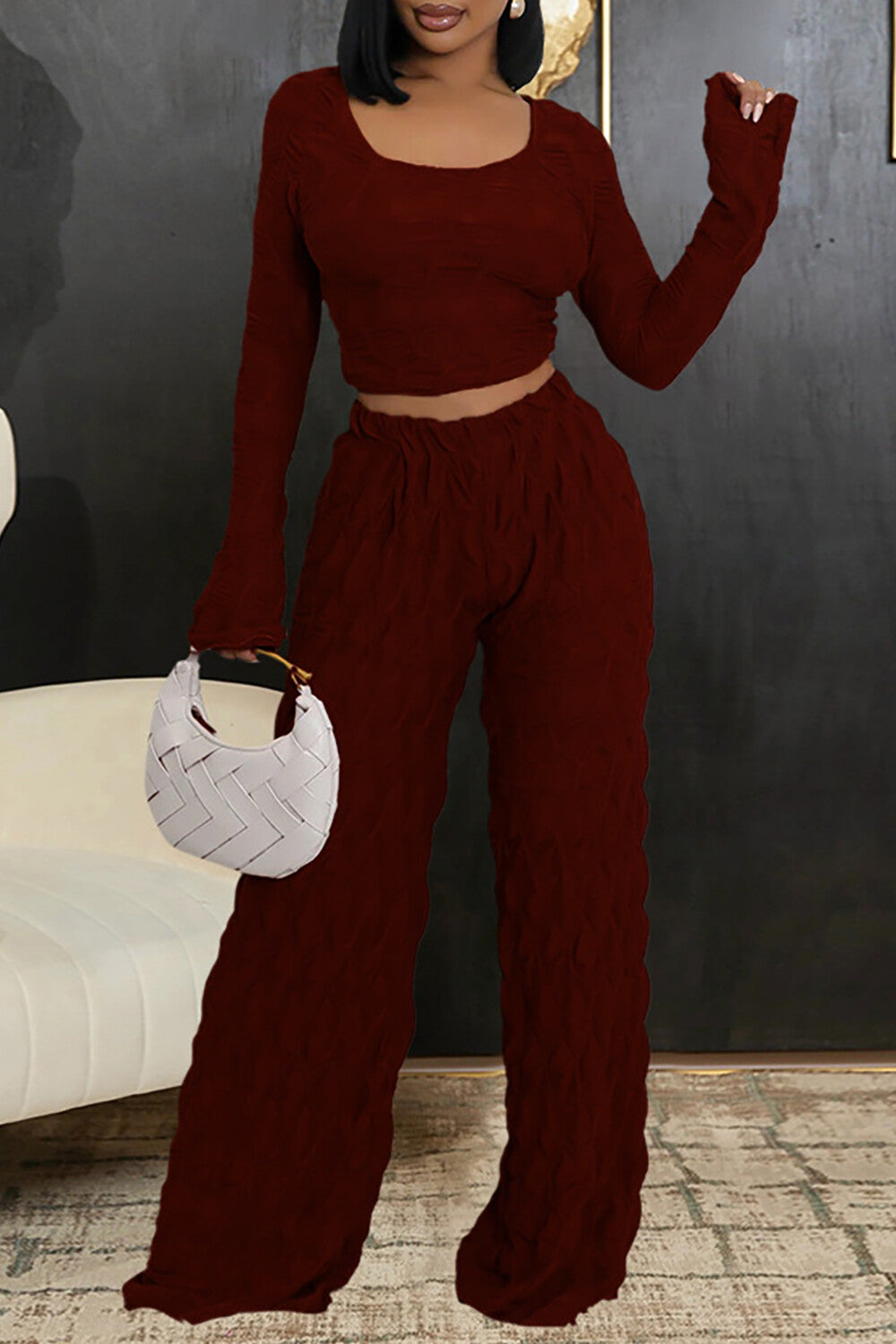 U Neck Long Sleeve Crop Top Textured Wide Leg Pants Matching Set-Brown