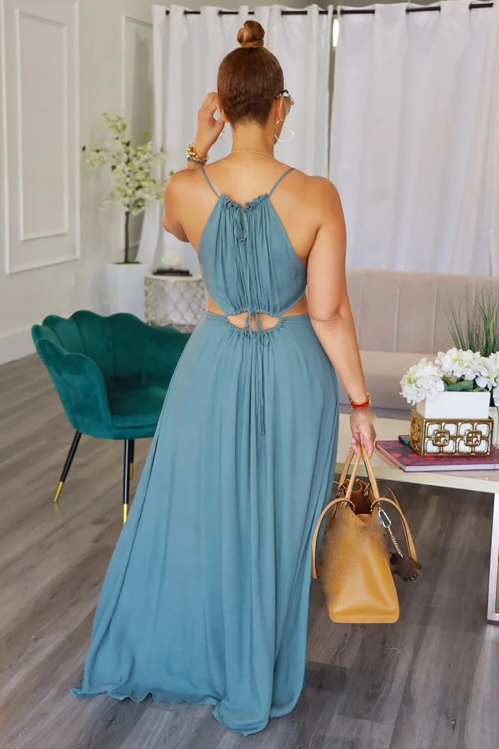 Sleeveless Cutout Solid Color Vacation Slip Maxi Dresses-Green