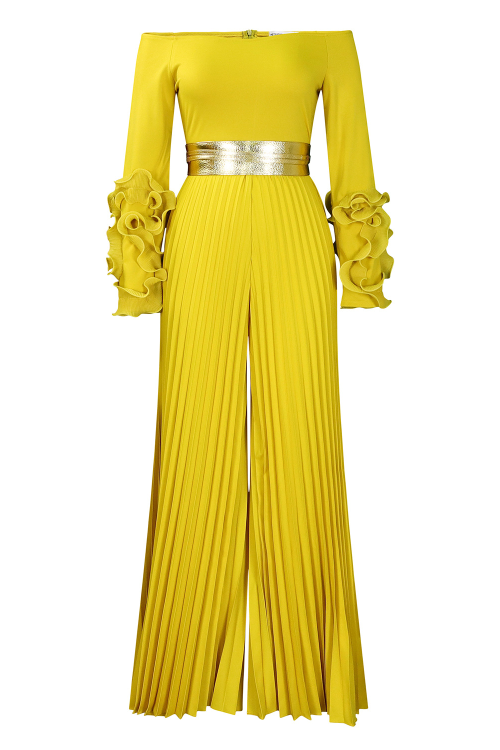 Off Shoulder Ruffled Long Sleeve Pleated Wide Leg Jumpsuit-Yellow