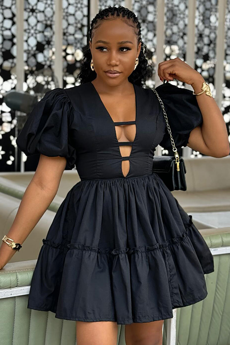 Ruffled Puff Sleeve Deep V-Neck Pleated Mini Dress-Black