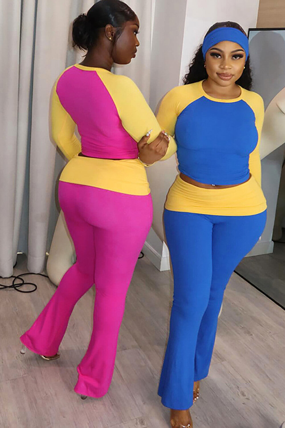Colorblock Long Sleeve Round Neck Top Flared Pants Casual 2pcs Set-Fuchsia