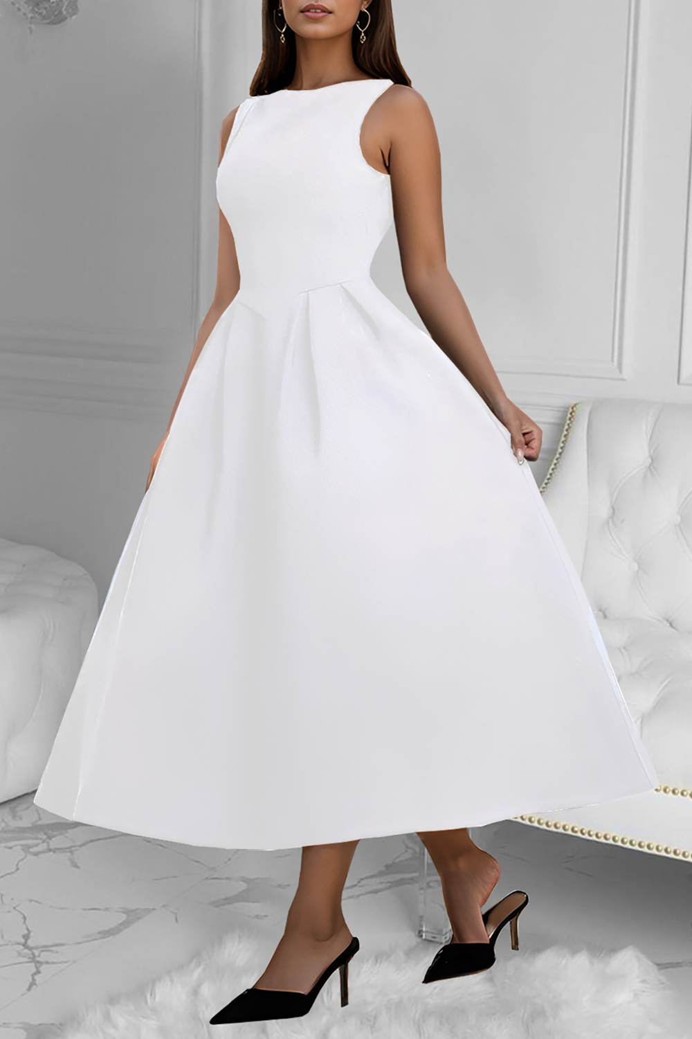 Solid Color Open Back A-Line Midi Tank Dresses-Black