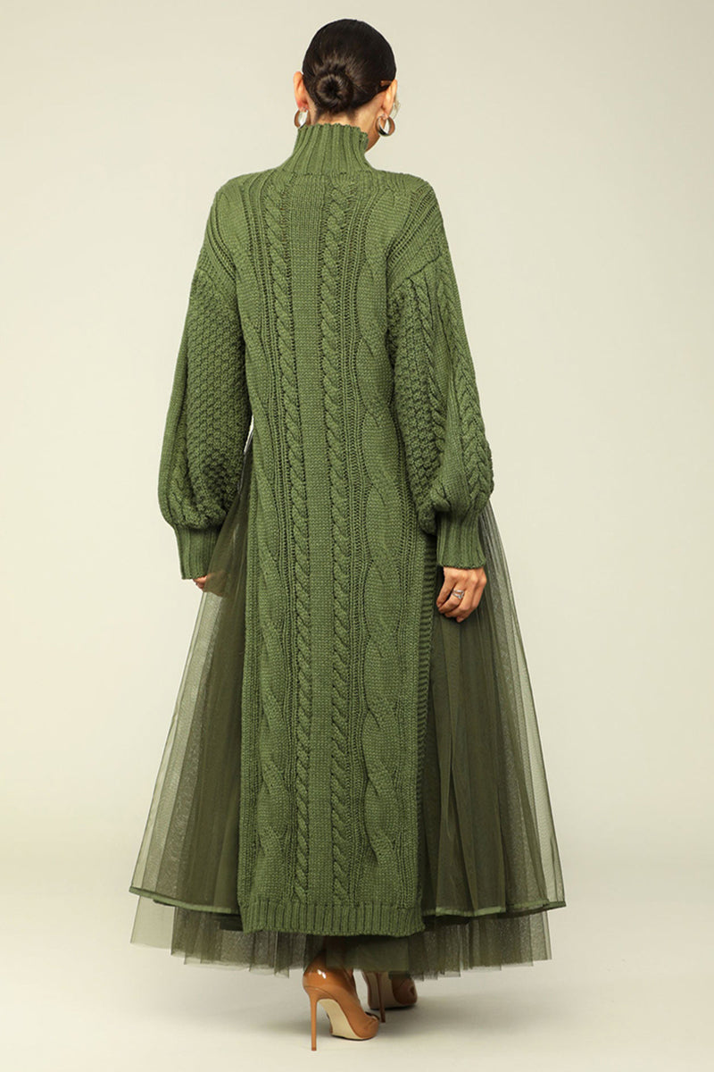 Weave Pattern Knit Lantern Sleeve Slit Maxi Dresses Tulle Maxi Skirt Matching Set