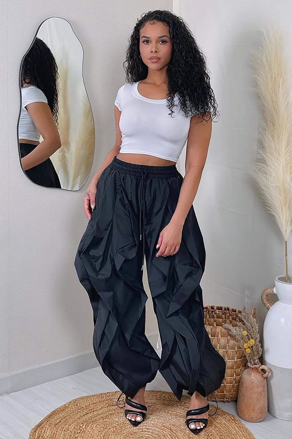 Ruffled Trim Solid Color High Waist Loose Fit Jogger Pants-Khaki