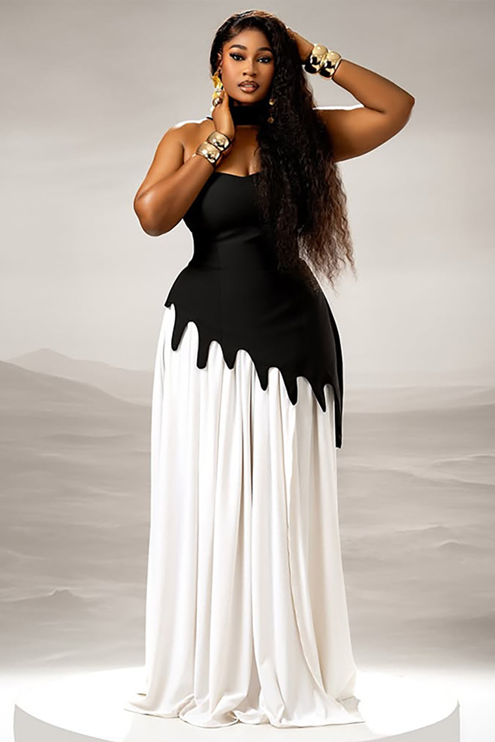 Strapless Cinch Waist Colorblock Patchwork Asymmetrical Maxi Dresses-Black