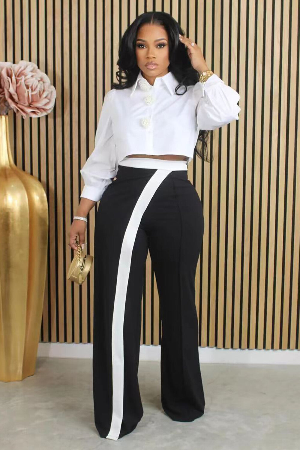 High Waist Contrast Trim Casual Pants-Black