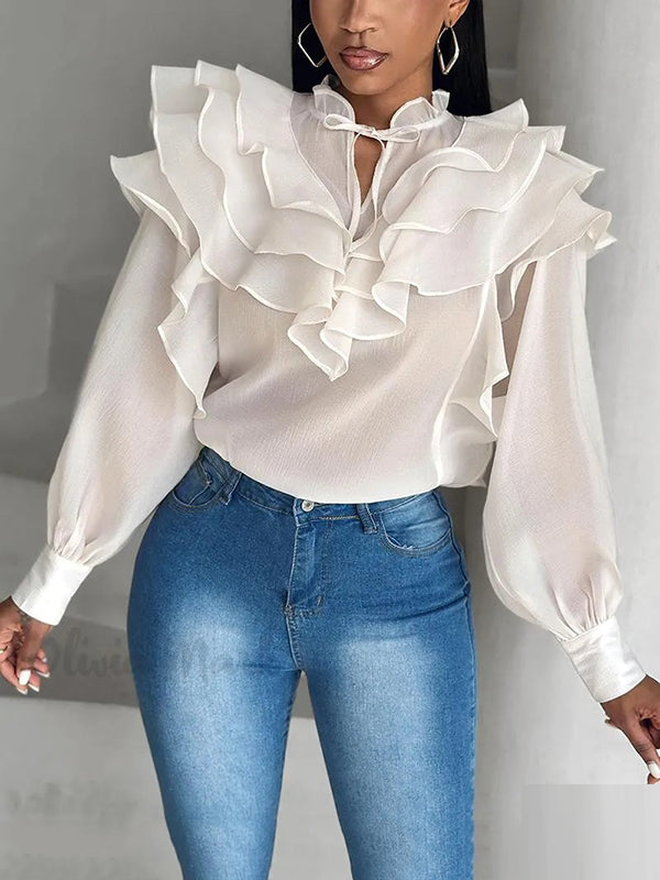 Loose Puff Sleeves Floral Gauze Lace-Up Pleated See-Through Solid Color Stand Collar Blouses