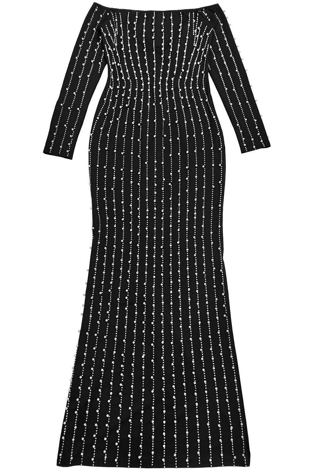 Off Shoulder Long Sleeve Faux Pearls Hot Drilling Party Maxi Dresses-Black