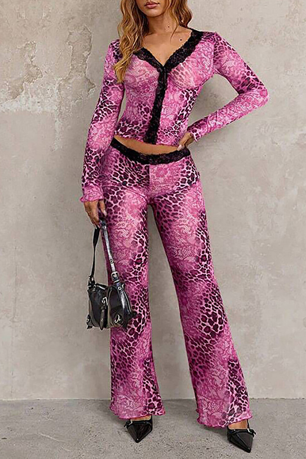Lace Trim Leopard Print Long Sleeve Top Flared Pants Matching Set-Brown