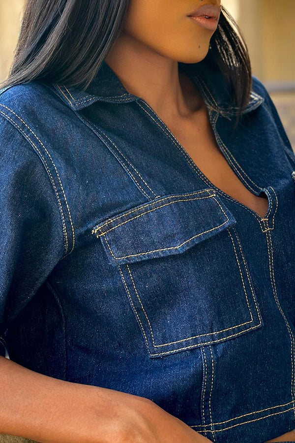 Fashionable Double Pocket Denim Crop Top & Short Set