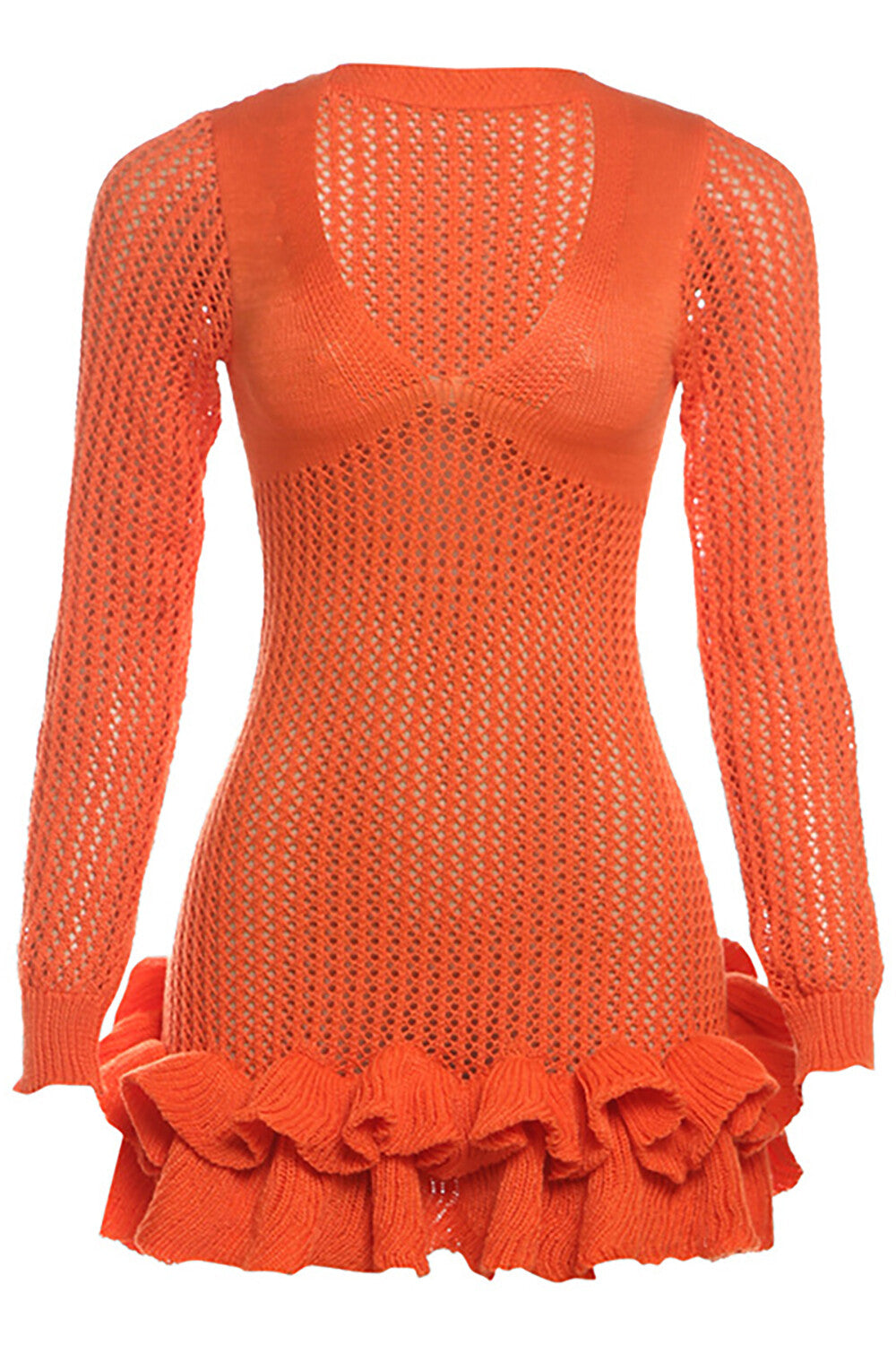 Knit V Neck Long Sleeve Hollow Out Layered Ruffled Sweater Mini Dresses-Orange