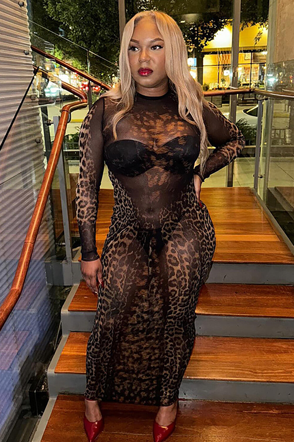 Leopard Print Round Neck Long Sleeve See Through Midi Dresses-Black