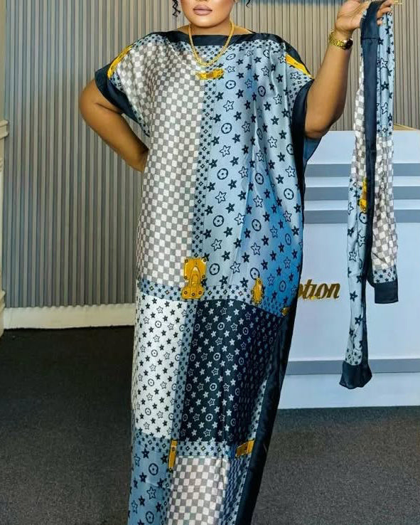 Round Neck Classic Small Flower Patchwork Print Elegant Robe Dress(Includes Headscarf)