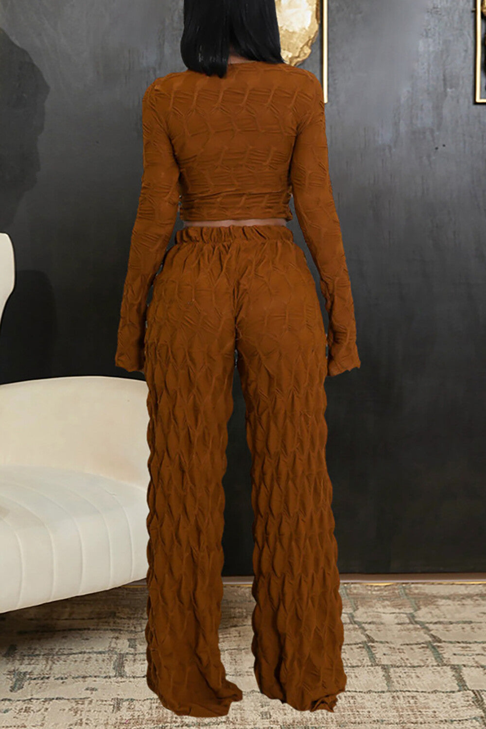 U Neck Long Sleeve Crop Top Textured Wide Leg Pants Matching Set-Brown