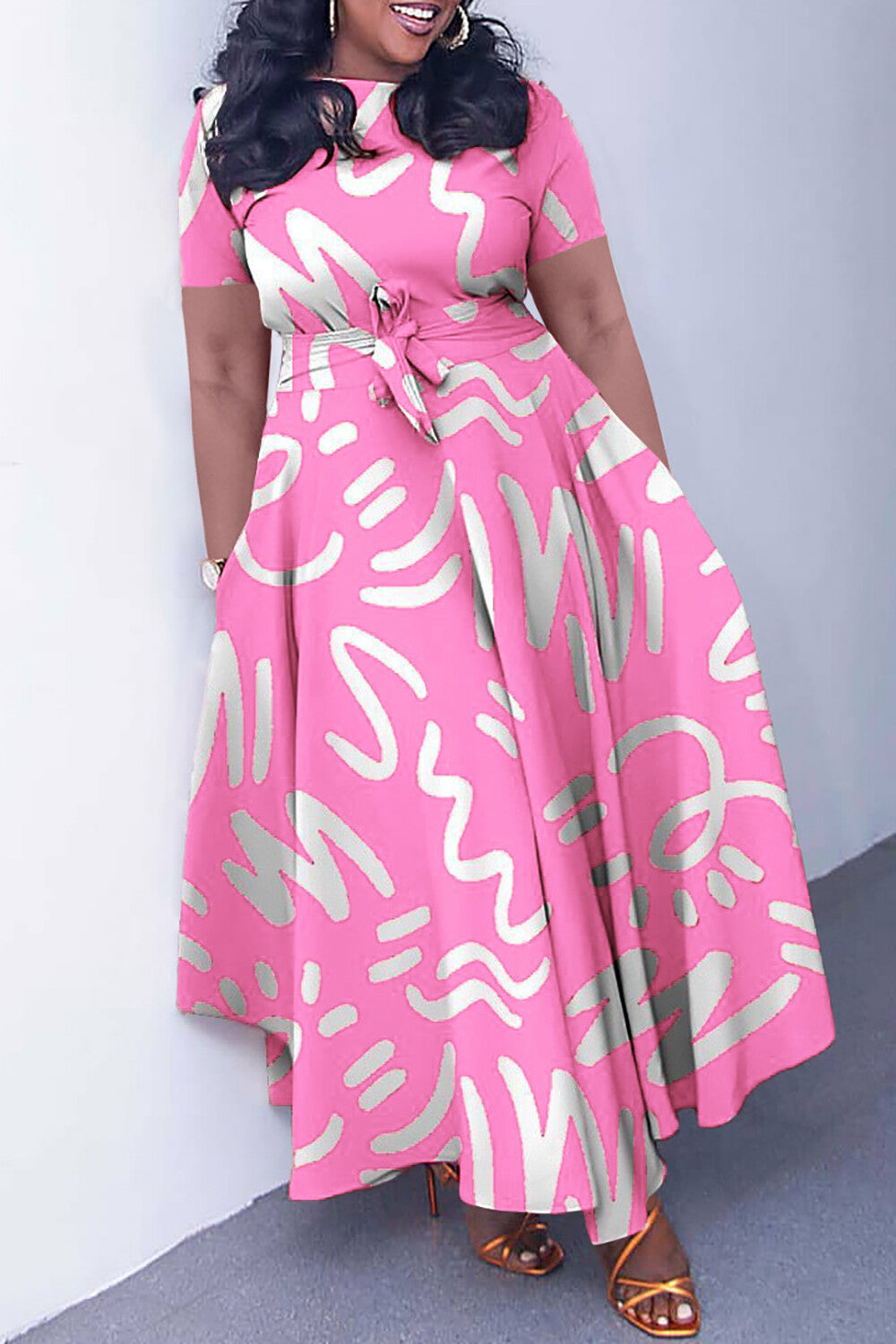 Doodle Print Short Sleeve Tie Up A-Line Maxi Dresses-Green