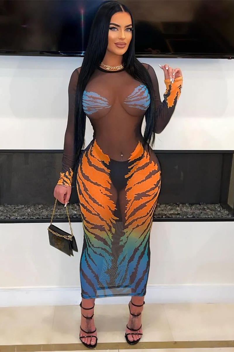 Gradient Color Animal Print Long Sleeve See Through Party Midi Dresses-Pink