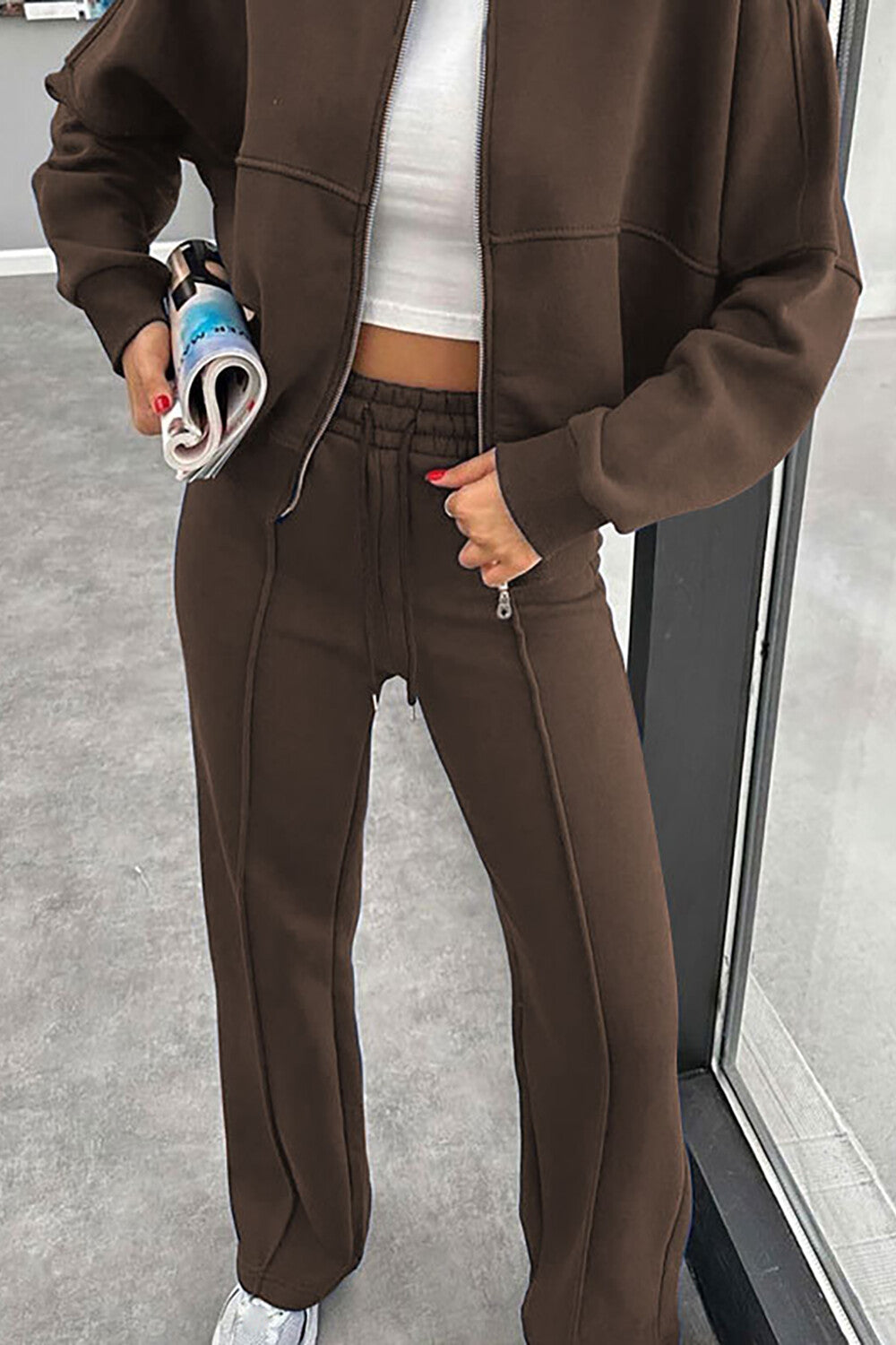 Solid Color Long Sleeve Zipper Track Jacket Casual Pants 2pcs Set-Brown