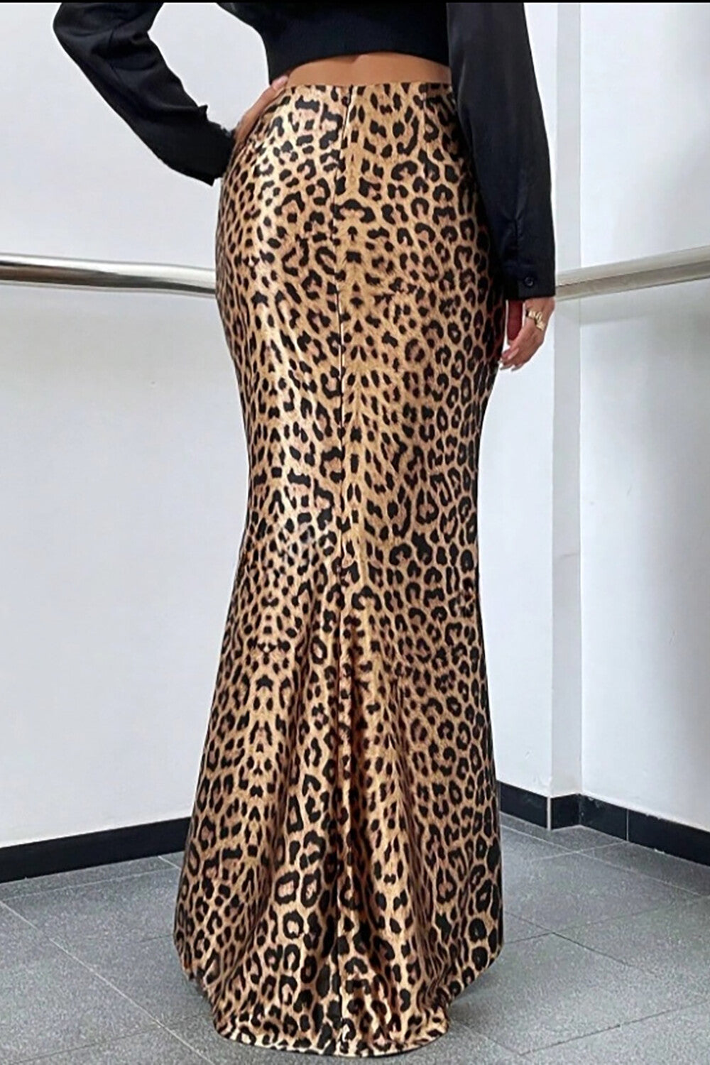 Leopard Print High Waist Fishtail Maxi Skirt-Brown