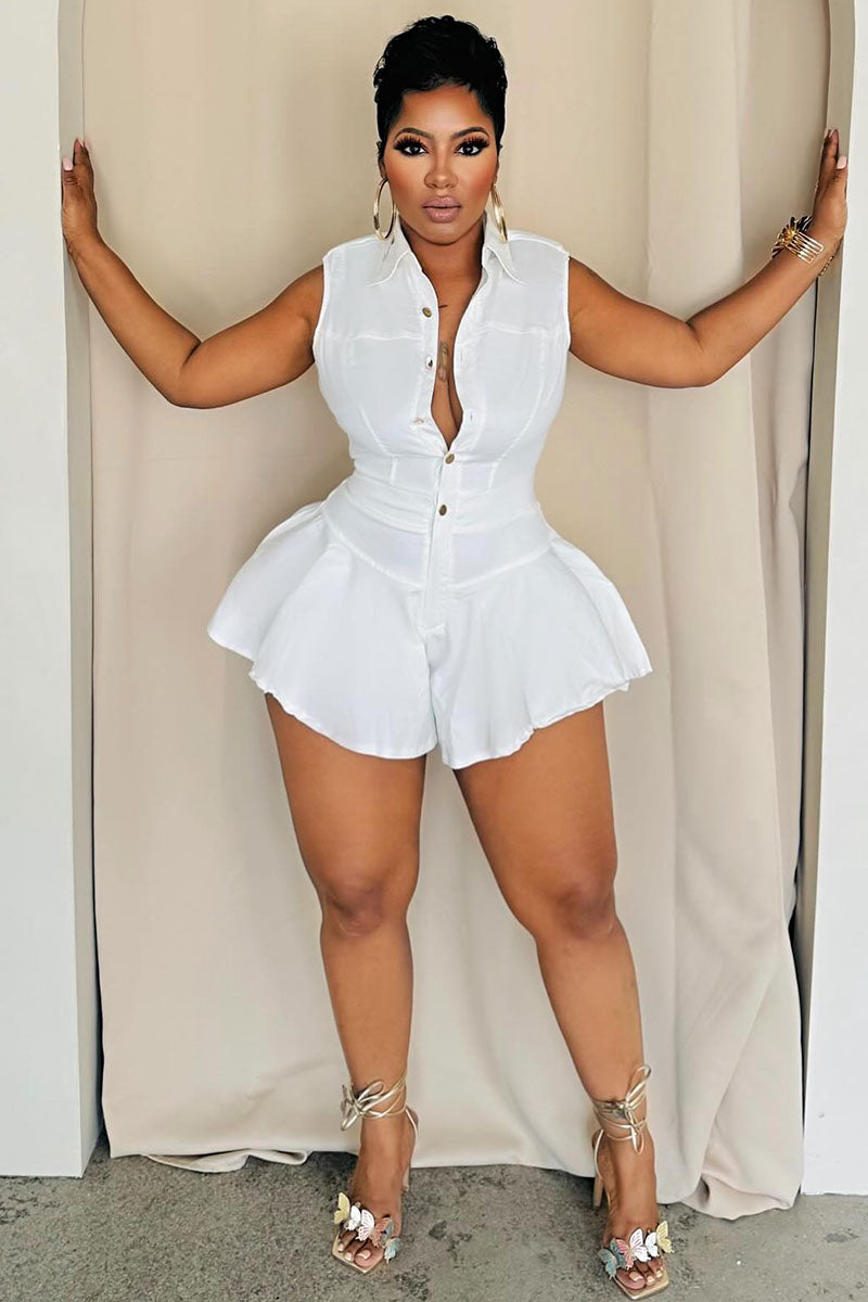 Tiktok Button Up Cinch Waist Sleeveless Daily Romper Playsuit-White