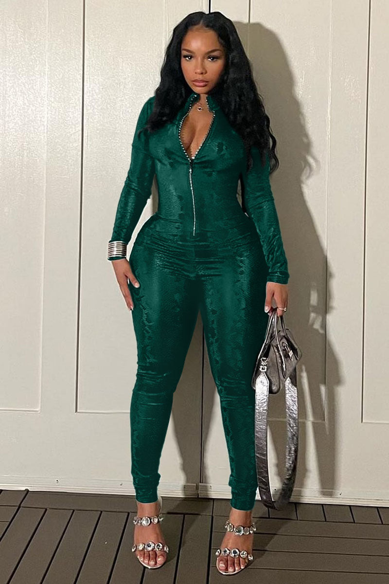 Snake Pattern Long Sleeve Zipper Slim Fit Jumpsuit-Black