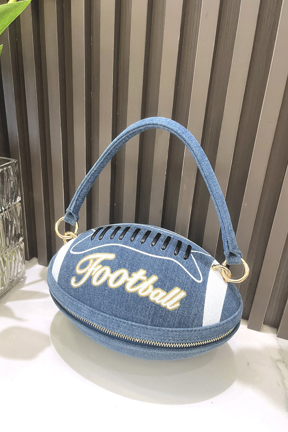 Letter Colorblock Print Zipper American Football Shaped Handbag