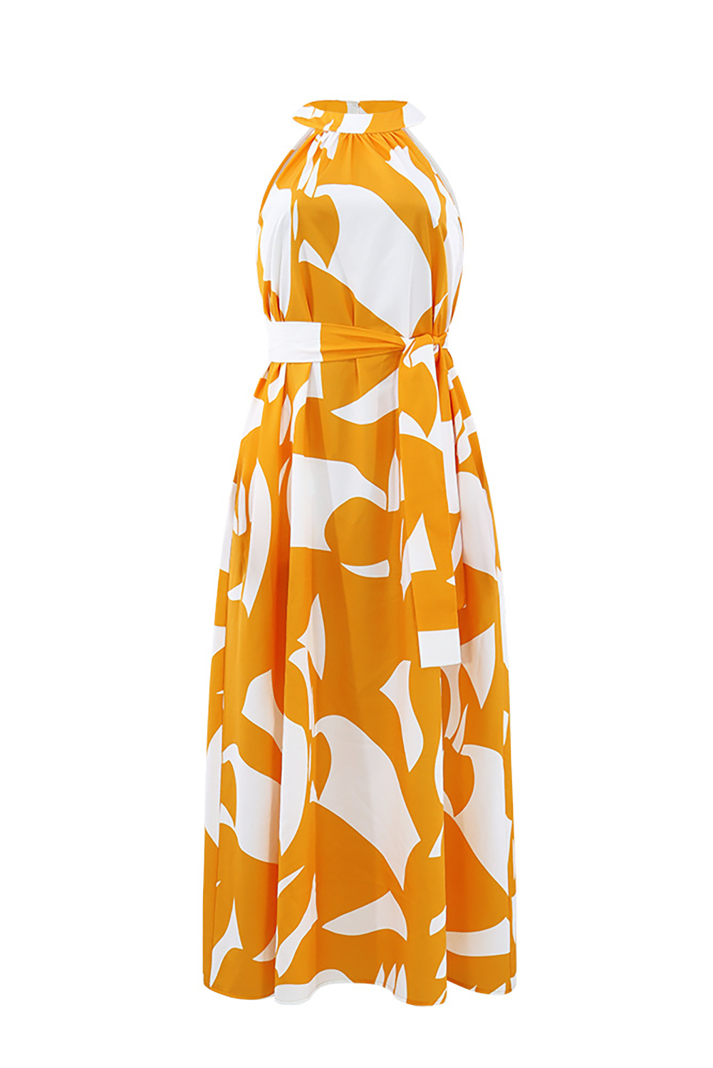 Abstract Print Sleeveless Halter Neck Tie Up A-Line Maxi Dresses-Orange