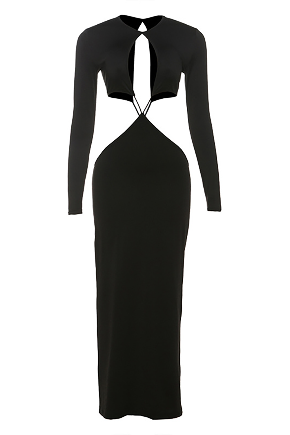 Cutout Round Neck Long Sleeve Bodycon Party Maxi Dresses-Black