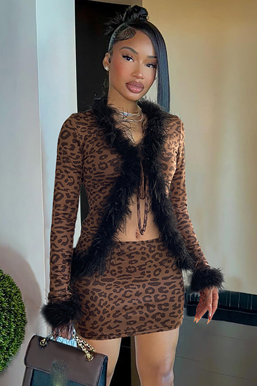 Faux Fur Trim Tie Up Long Sleeve Top Leopard Print Mini Skirt 2pcs Set-Brown