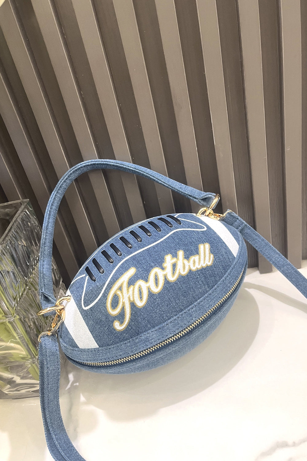 Letter Colorblock Print Zipper American Football Shaped Handbag
