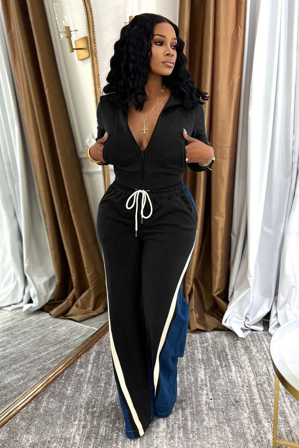 Zipper Pocket Crop Track Jacket Denim Patchwork Tie Up Pants 2pcs Set-Green
