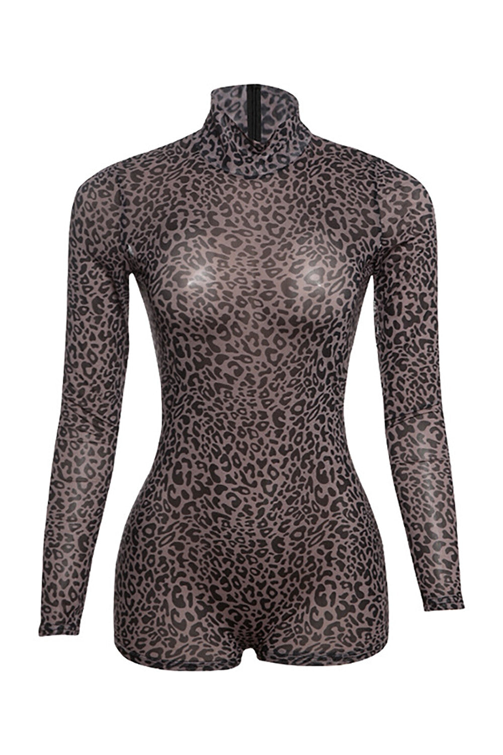 Leopard Print High Collar Long Sleeve Slim Fit Playsuit Romper-Coffee